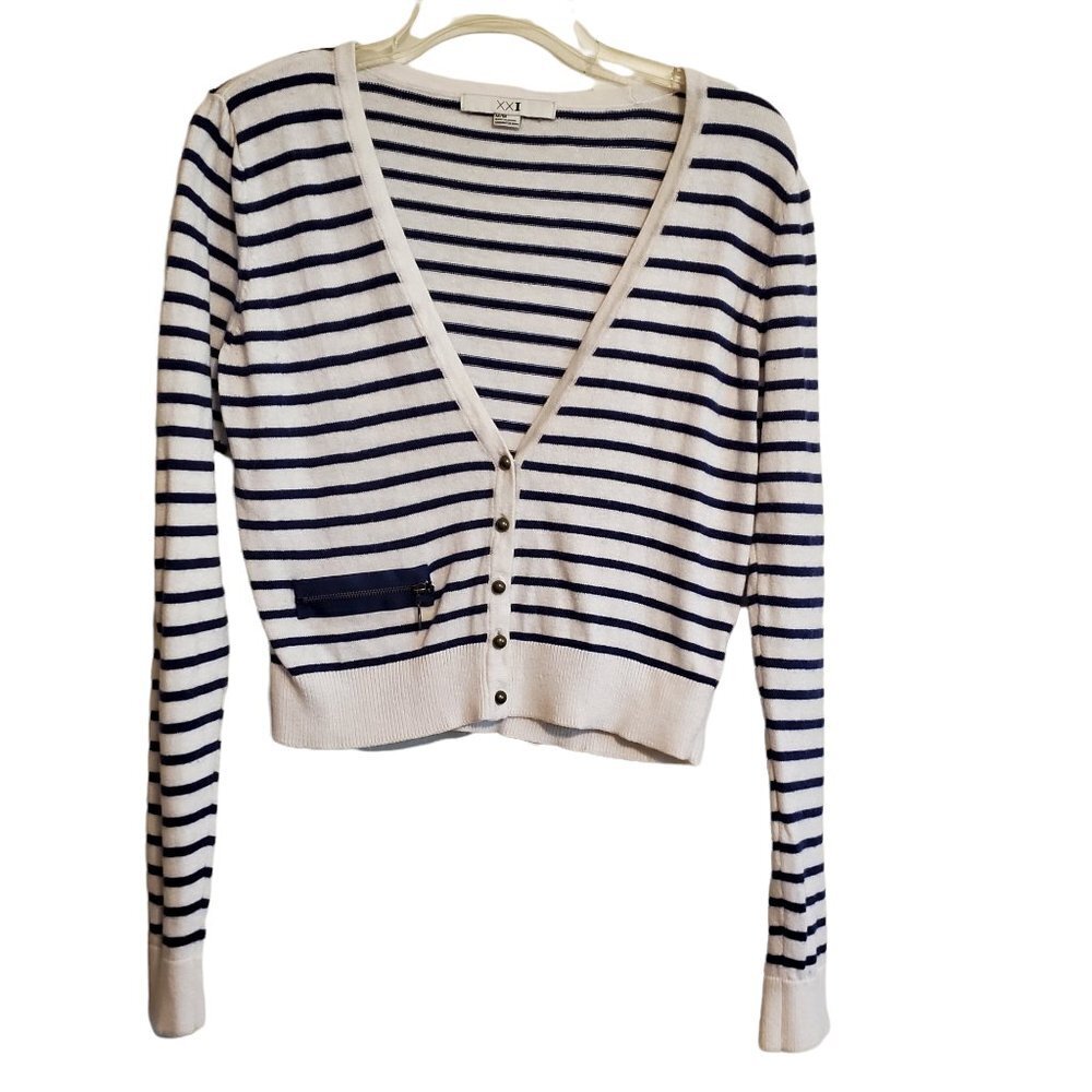 XXI Cropped Cardigan Preppy Nautical Blue and White Angora‎ Rabbit Hair Blend